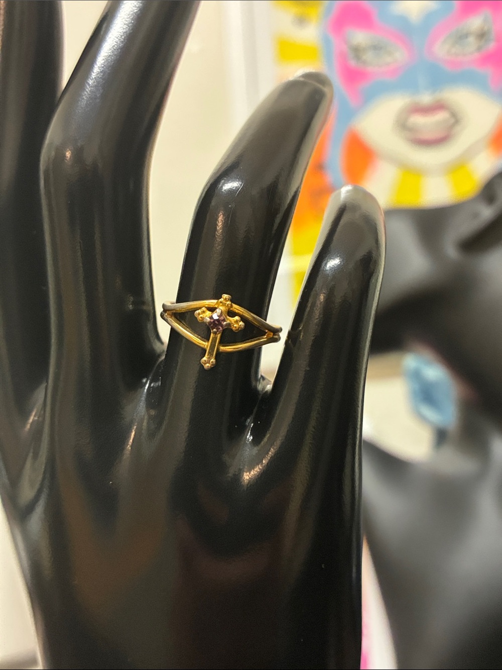 Vintage 90s Gold Open Eye Cross Adjustable Ring with Amethyst CZ